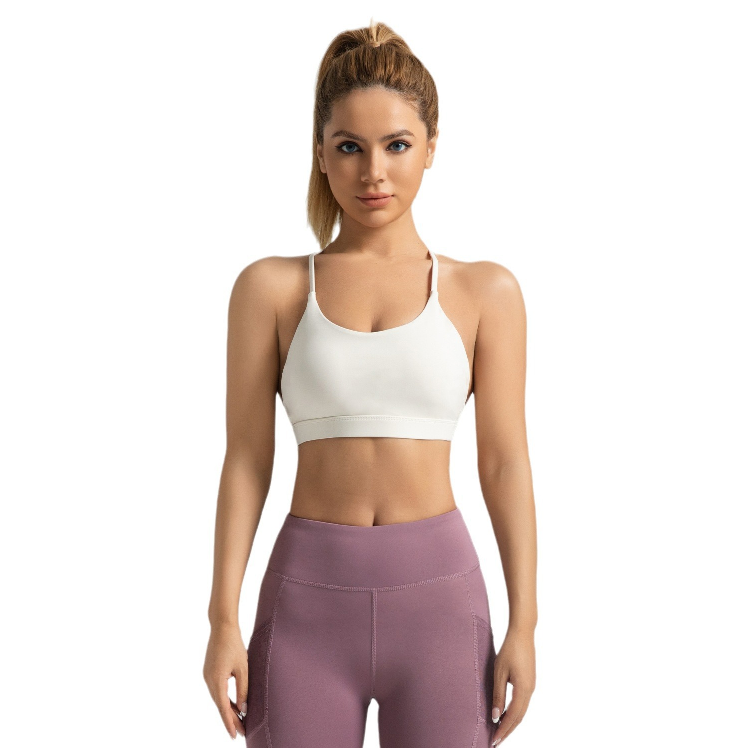 Zona transfronteriza Sujetador de cuello colgante de alta elasticidad Almohadilla para el pecho integrada fija Ropa interior deportiva Fitness Yoga Beauty Back Sling