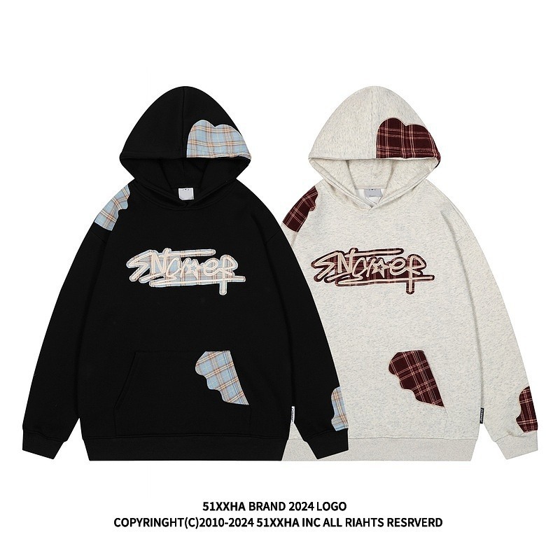 High Street Splicing Grid Pattern Hooded Sweatshirt For Men_voghion.com