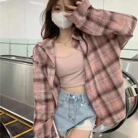 复古格子衬衫上衣女外穿春秋薄款慵懒风宽松中长款衬衣防晒衫外套