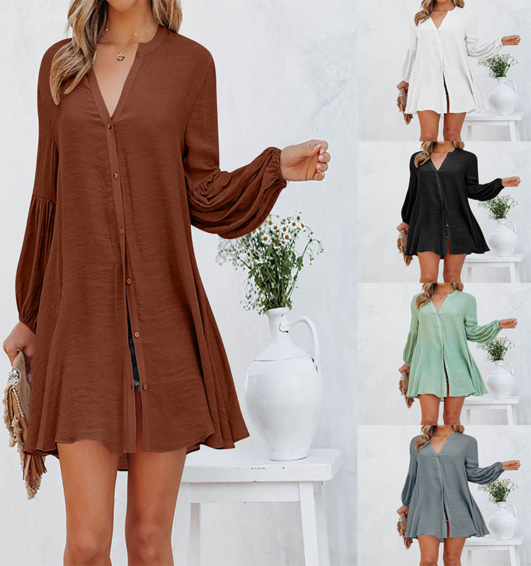 164g Weight Short Mini Dress Dress Length Type Long Sleeve Sleeve Length Wholesale Women'S Elegant Patchwork Button Solid Color Street V Neck Long Sleeve Shirt Dress