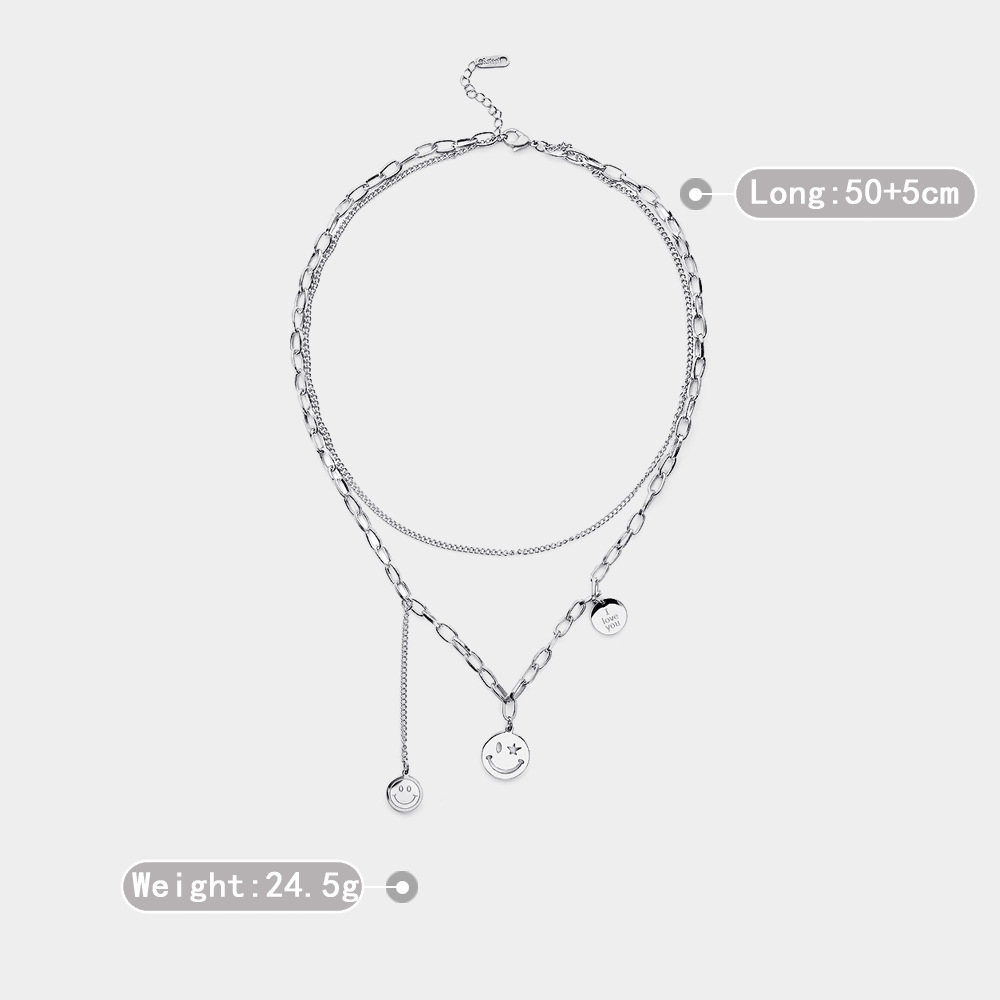 Titanium Steel smiley face necklace fashion doublelayer pendant clavicle chain sweaterpicture1