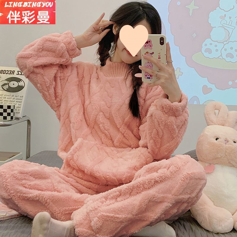 새로운 산호 양털 파자마 여성의 겨울 기모 학생들을위한 두꺼운 높은 목 따뜻한 플러스 사이즈 바깥 옷 세트