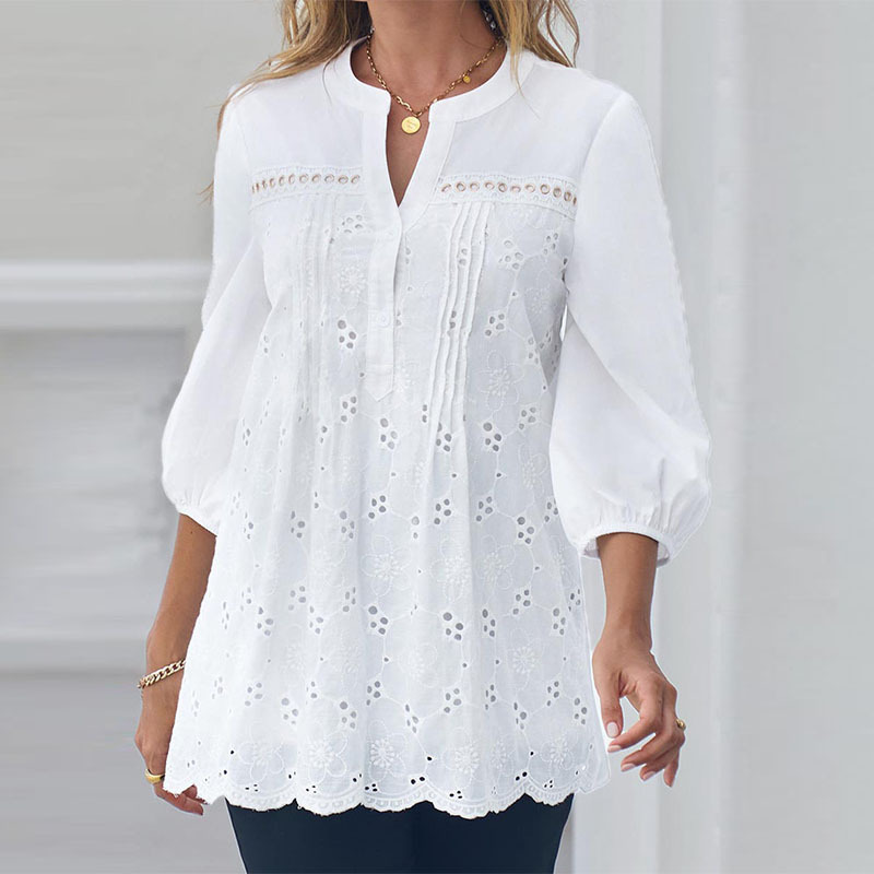 Amazon Explosions 2022 Summer New Foreign Trade Cross-border Women's Lantern Sleeve Top Lace Hollow Women's Shirt