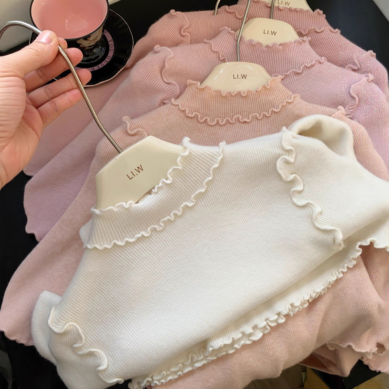 Sweet Lace Half-High Collar Base Layer Sweater for Women, Autumn and Winter French Versatile Petite Knitted Ruffle Edge Women's Sweater