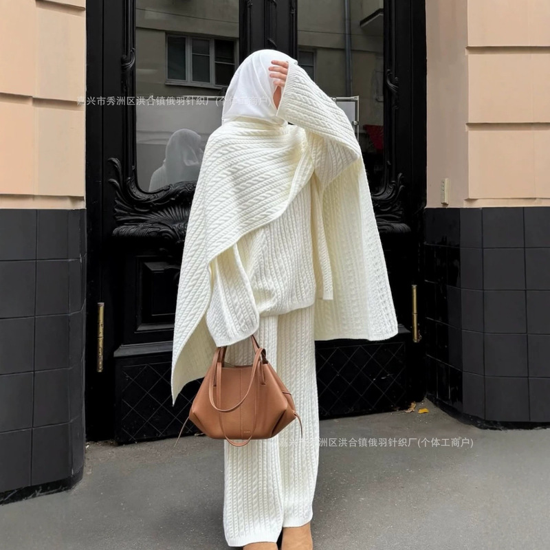 Cross-border women's knitted sweater set 2026, loose and casual style, cable-knit pullover sweater, long pants + scarf three-piece set