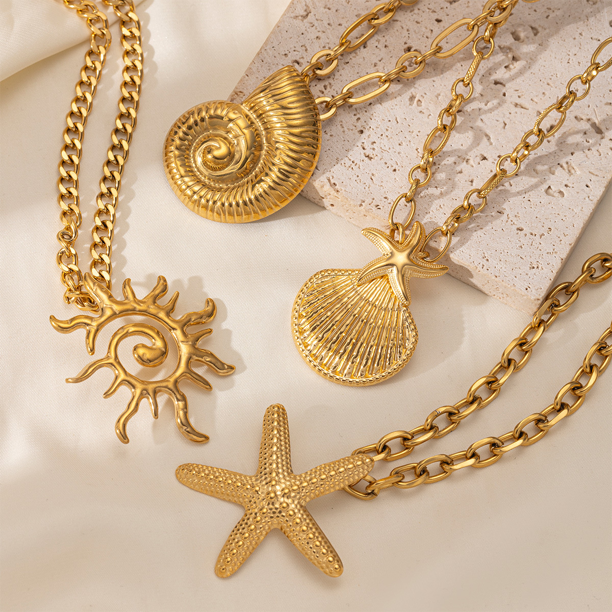 Tena collar de acero inoxidable europeo y americano, cadena femenina que no se desvanece, cadena cubana, concha, estrella de mar, collar de sol, tendencia salvaje