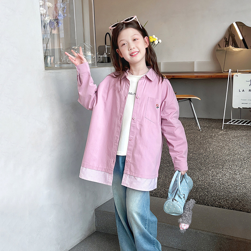 大童宽松中长款长袖衬衫儿童洋气拼接衬衣女童开衫2025春秋装新款