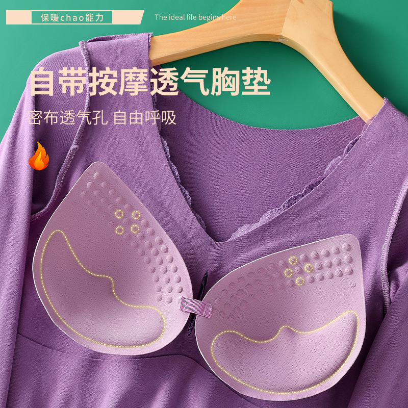 Otoño e Invierno de terciopelo sin costuras ropa interior térmica engrosada de las mujeres con cuello en V encaje bottoming ropa con almohadilla en el pecho temperatura constante térmica de manga larga