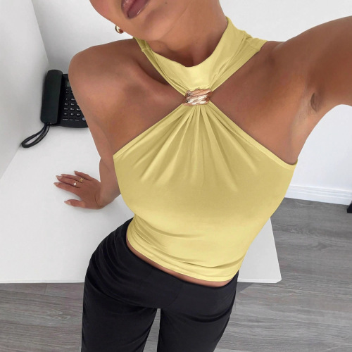Spring and summer women's high-necked metal ring sleeveless strapless elastic vest