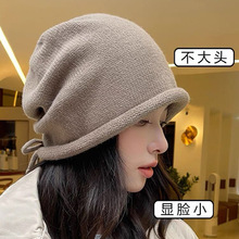 韩版大头围抽绳针织帽堆堆帽女卷边套头帽冷帽显脸小包头帽月子帽