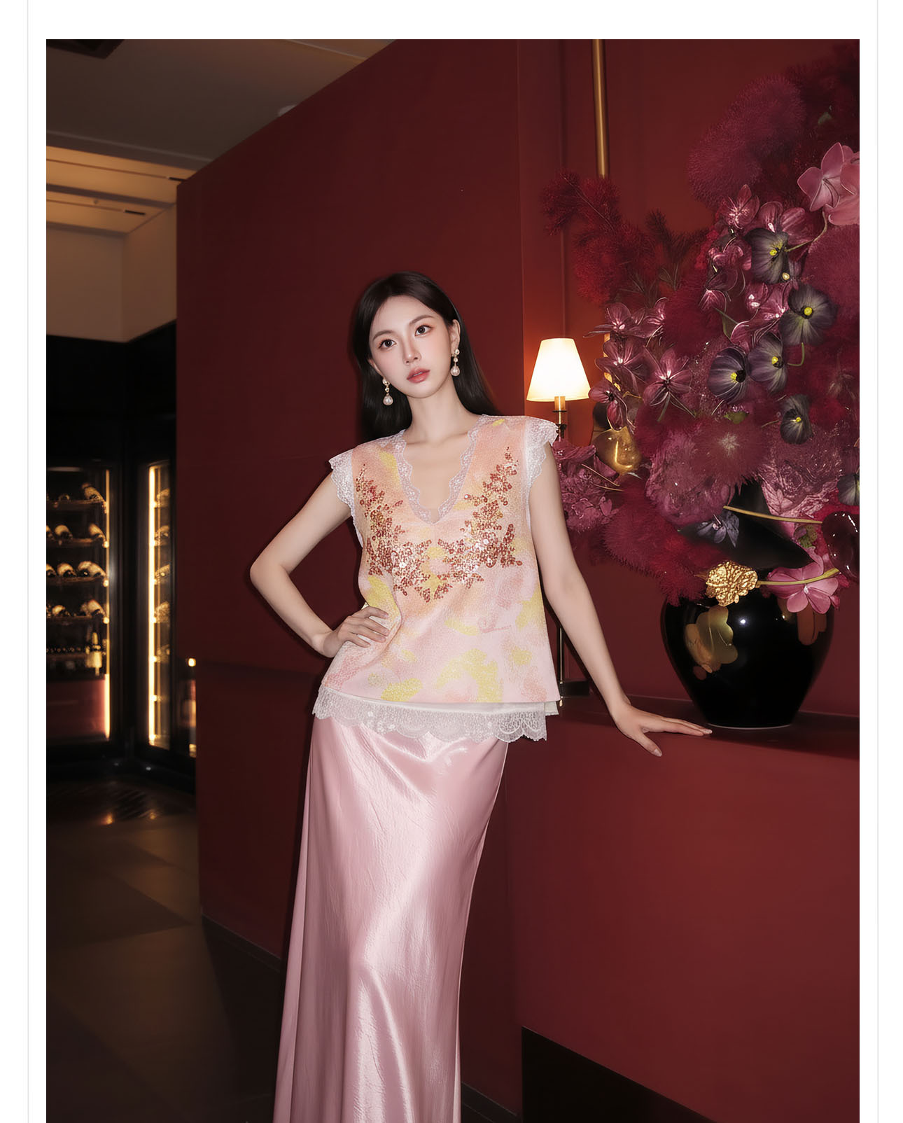 Bộ áo gi lê ngắn không tay + váy ren dây mảnh phong cách tân cổ điển họa tiết thêu hạt — Gạo trắng Sling, Bộ ba mảnh, Áo gi lê màu hồng, màu hồng nửa váy chi tiết 2