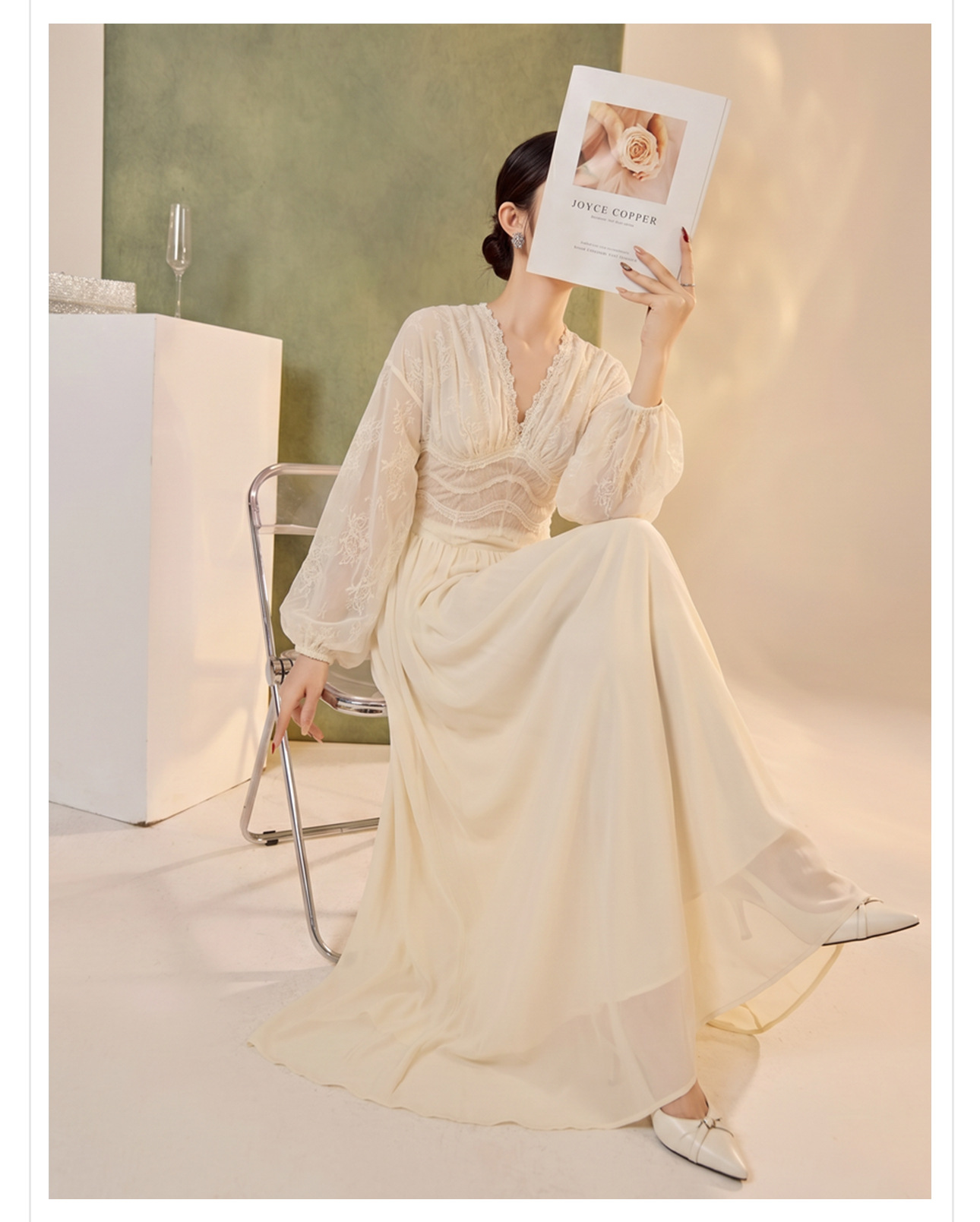 Váy maxi ren thêu lưới tay phồng lồng đèn cổ V thắt lưng dáng suông — áo, bộ đồ, nửa váy chi tiết 4