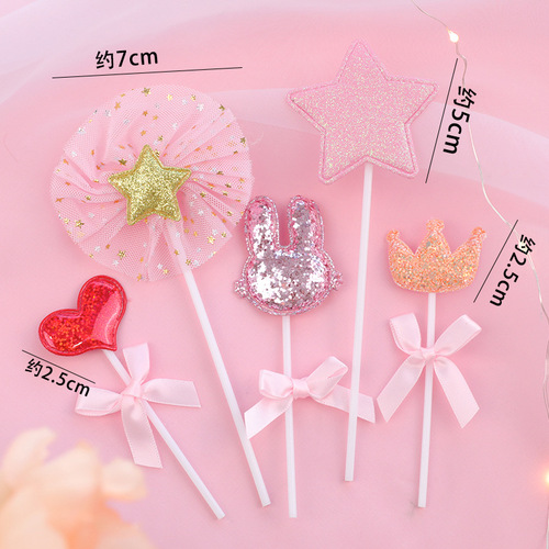 Pink Korean style bunny crown love five-pointed star birthday cake dessert baking New Year cake insert