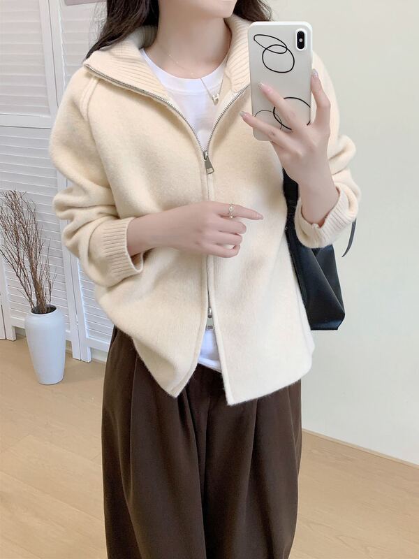 韩版2025年秋冬加厚毛衣外套女简约宽松立领拉链毛针织开衫上衣女|undefined