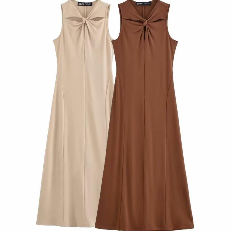 Cross-Border Export Wholesale 2025 Spring New Women's Fashion Dress Knotted Round Neck Casual Sleeveless Long Dress