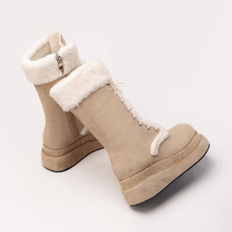 2024 nouvelles bottes de neige à semelles épaisses en fourrure mi-tube hiver fourrure intégrée en peluche épaisse chaussures en coton rehaussant la hauteur_voghion.com