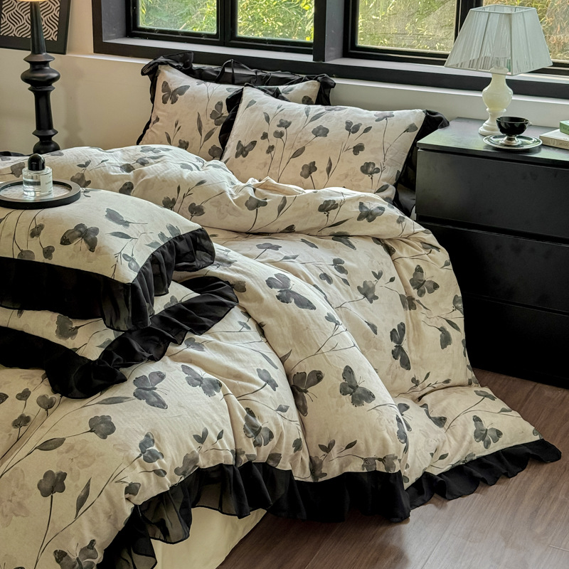 Juego de ropa de cama de cuatro piezas de algodón puro estilo boho vintage nórdico francés de clase A con gasa de doble capa en encaje vintage francés estilo Hepburn._voghion.com