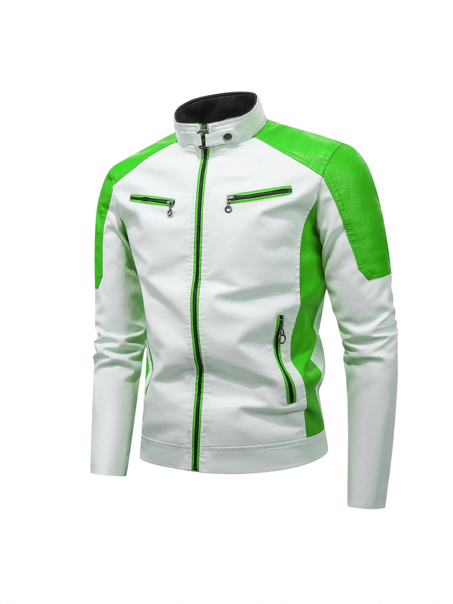 2026 primavera y otoño locomotora casual chaqueta de cuero empalmado chaqueta de cuero de moda masculina de collar retró cálida chaqueta de cuero