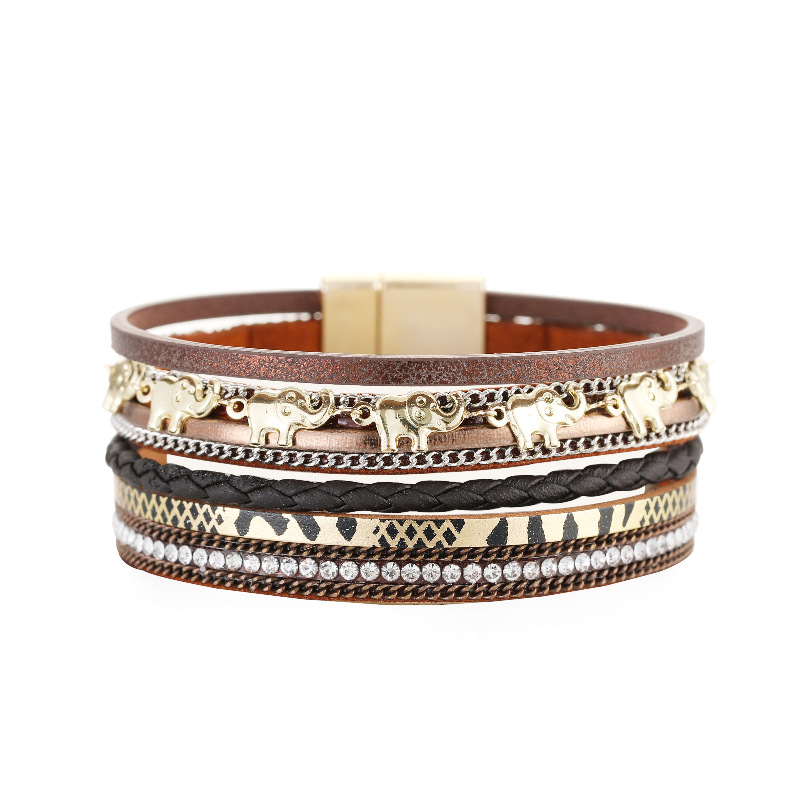 Cross-border Supply European And American New Golden Elephant Pendant Design Bracelet Multi-layer Leather Strap Diamond Magnetic Snap Bracelet For Women display picture 17