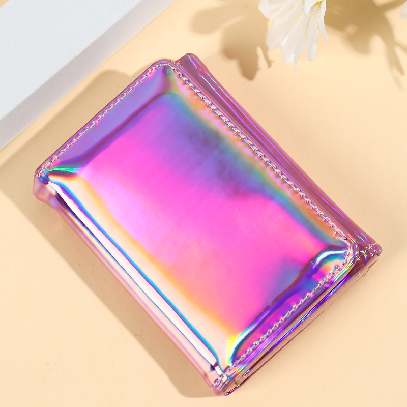 Versión coreana de la nueva personalidad simple moda color sólido gradiente láser triple clip de hierro multifuncional estudiante billetera corta mujer