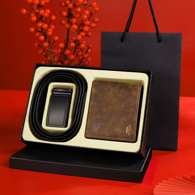 【Gift Box Set】Men's Card Holder Wallet Belt Combination Set Automatic Buckle Belt Gift Box Wholesale in Stock