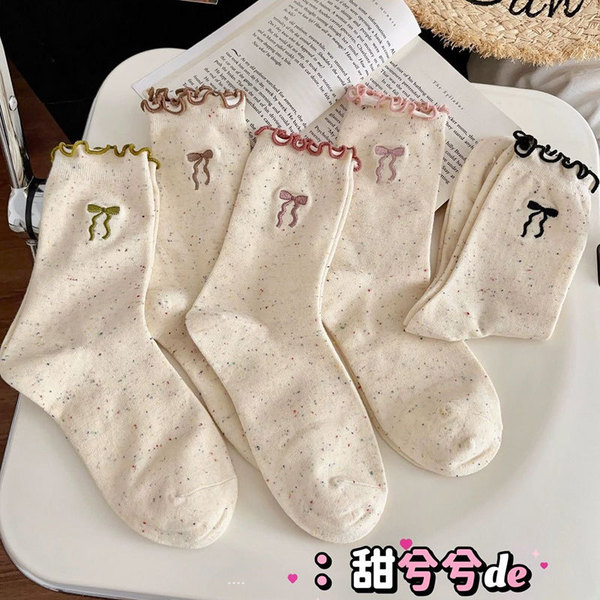 [5 Pairs of Benefits] Cute and Breathable Socks with Fungus Edges, Spring & Fall Style Fungus Edge Bow Socks
