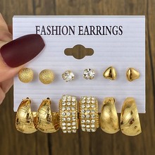 欧美跨境文艺复古几何捶打纹耳环6件套创意爱心镶钻耳钉金属耳环