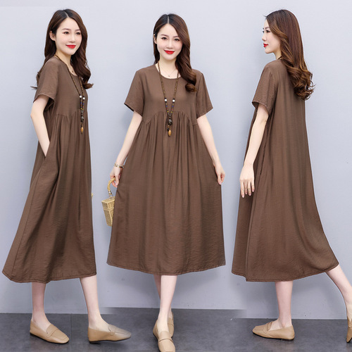 Summer Solid Color Cotton Satin Short-Sleeve Dress for Women Fashion Mother's Outfit Slimming Loose Elegant Medium-Length Skirt
