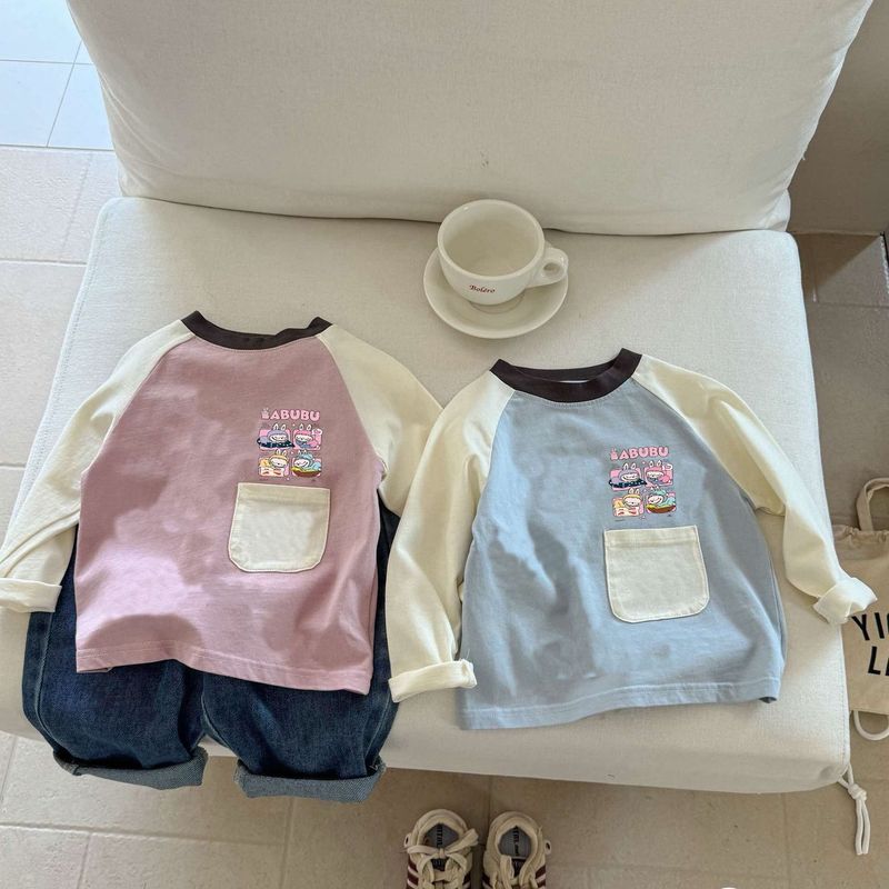 纯棉新款儿童撞色长袖卡通口袋拉布布男女童洋气T恤印花小童上衣|undefined
