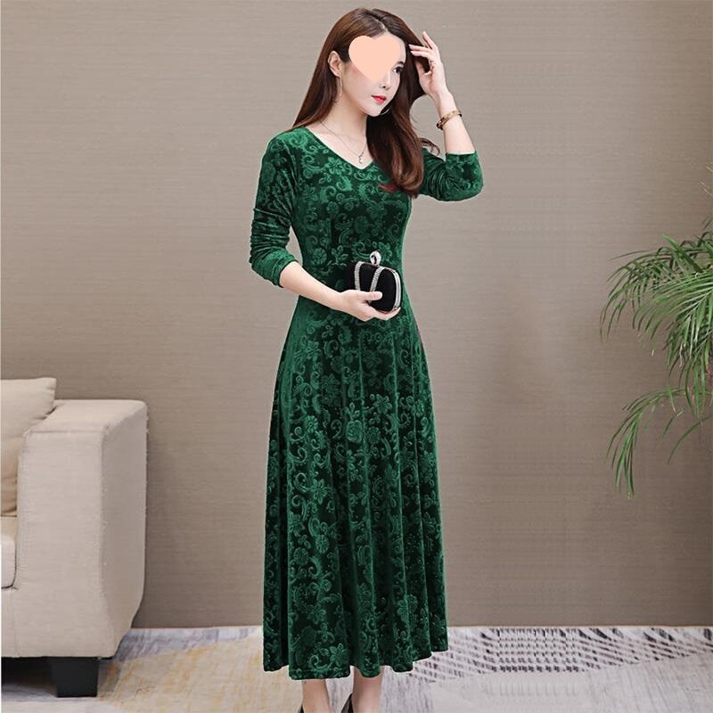 In-Stock 2026 Spring and Autumn New Slim-Fit Flared Dress Plus-Size Women's Velvet Long-Sleeve Dress Long Style In-Stock 2026 Spring and Autumn New Slim-Fit Flared Dress Plus-Size Women's Velvet Long-Sleeve Dress Long Style