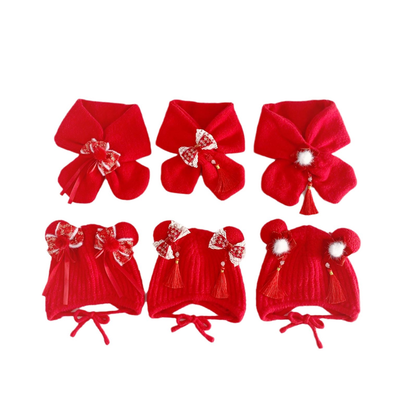 여자아이를 위한 중국 스타일  새해 모자 달콤한 리본 이어머프 니트 모자 빨간색 축제 모자 스카프 세트