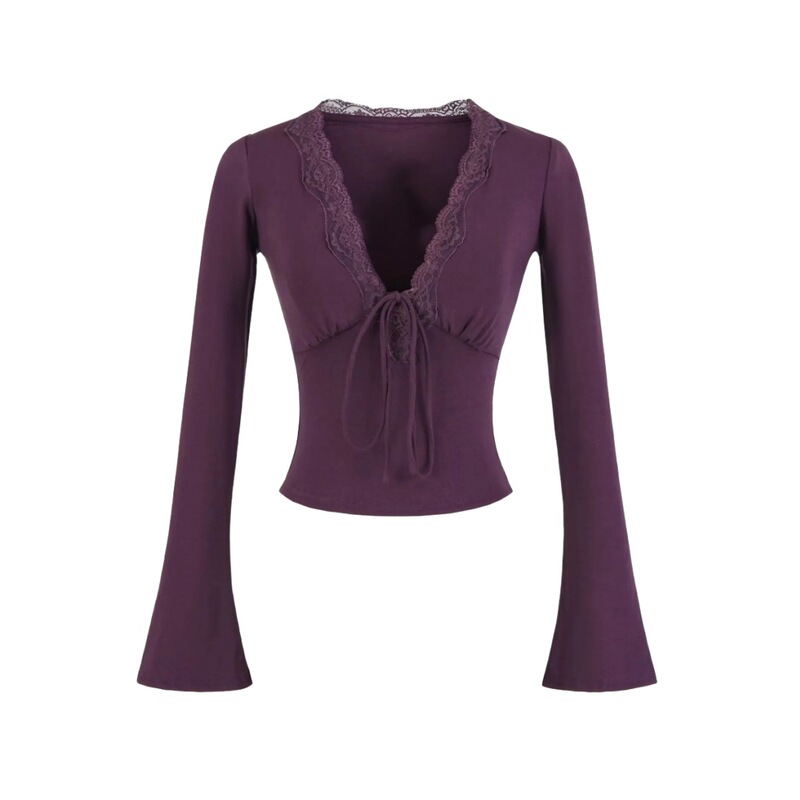 Pure Desire Style Deep V-Neck Lace Trim Patchwork T-Shirt for Women with Design Sense, Chest Pad, Tie Waist, Flared Sleeves, Base Top