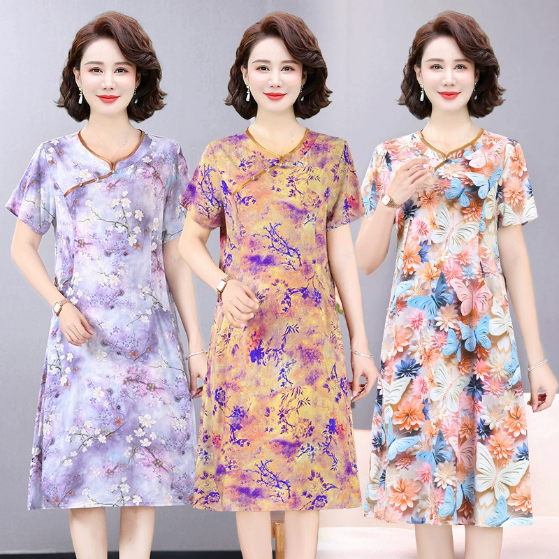 Новое платье для мамы в китайском стиле летом новый средний и пожилой женский летний юбка с короткими рукавами