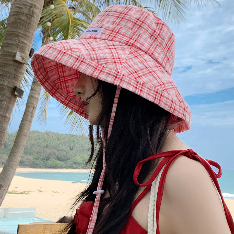 韓国の格子縞の漁師の帽子の女性の夏の紫外線防止の大きいつばの日よけの日焼け止めの帽子は顔の小さい太陽の帽子を現します。|undefined