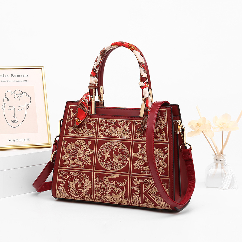 Bolso bordado estilo chino bolso de la mujer de gran capacidad bolso de la madre elegante bordado estilo étnico bolso de la boda Rojo