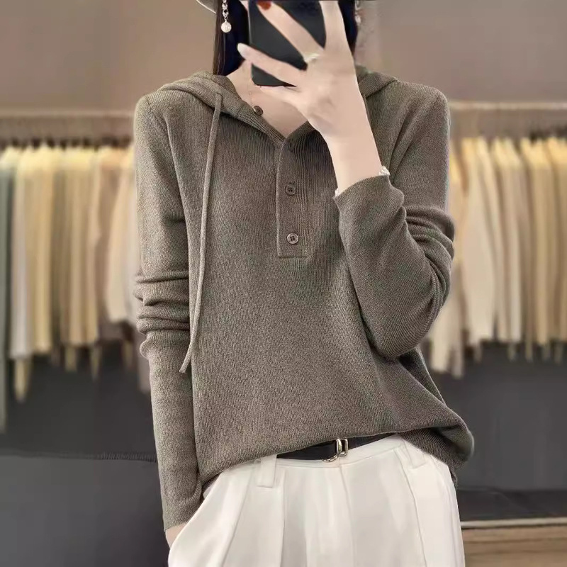 New Lazy Style Worsted Wool Hooded Pullover Sweater Women's All-match Knitted Loose Outer Wear Pullover Hoodie