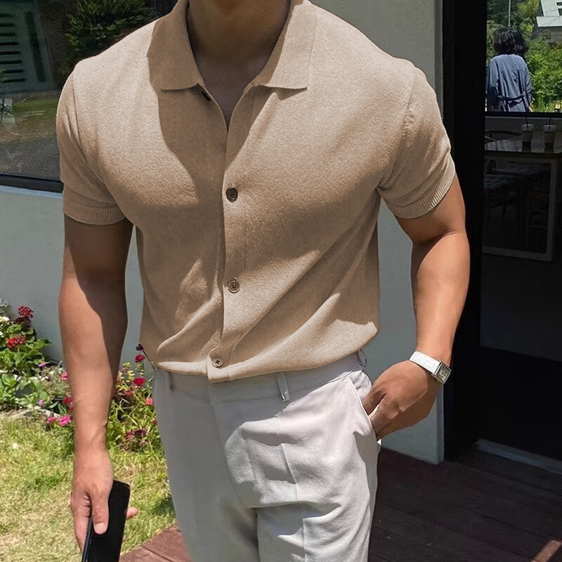 Cárdigan de punto de tipo duro europeo y americano, hombre musculoso, chaqueta delgada de manga corta, camiseta de solapa, camisa Paul de seda de hielo, marea