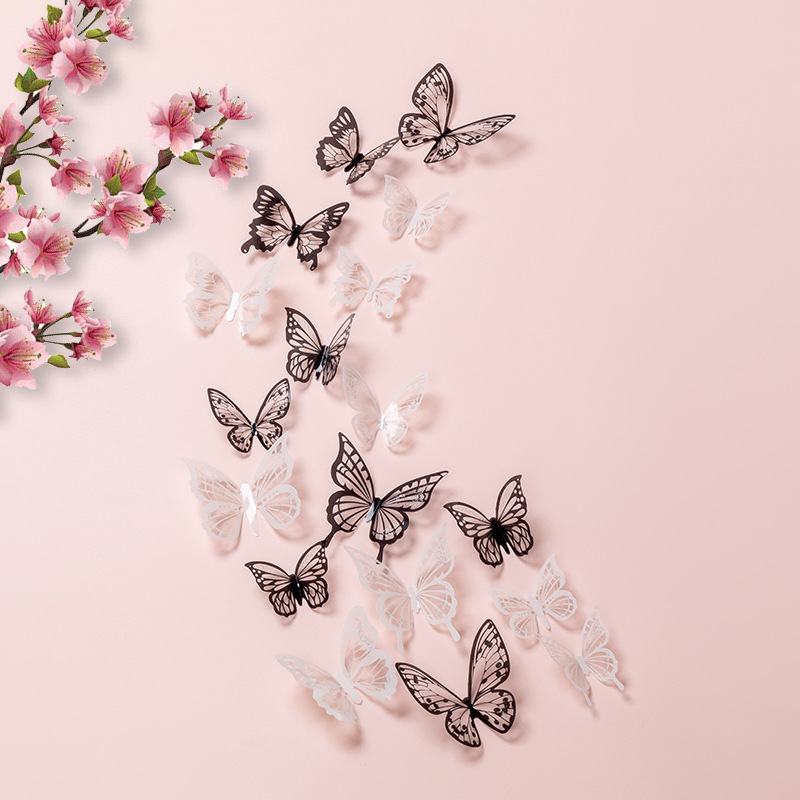 3D simulación tridimensional mariposa hogar creativo sala de estar fondo pegatinas de decoración de pared pvc blanco y negro mariposa pegatinas de pared briy