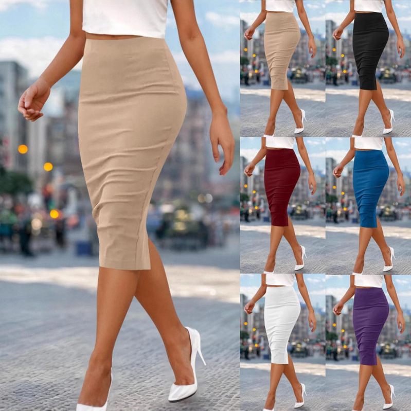 2025 Women's Export Cross-Border Pure Color Tight-Fitting Hip-Hugging Zipper Suit Skirt Mid-Length Skirt Versatile for Work Clothing