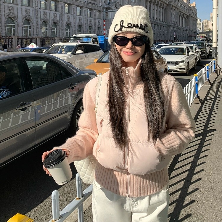 Cream Puff Splicing Fleece-Lined Cotton Jacket for Women 2025 Korean Style Small Stand-Up Collar Korean Jacket Trendy