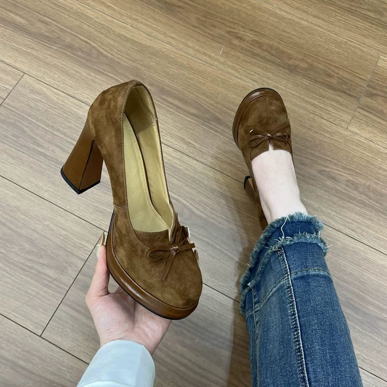 Retro Mary Jane High Heels for Women 2025 Spring New Slimming Look Medieval Shoes Bow Niche British Style Shoes