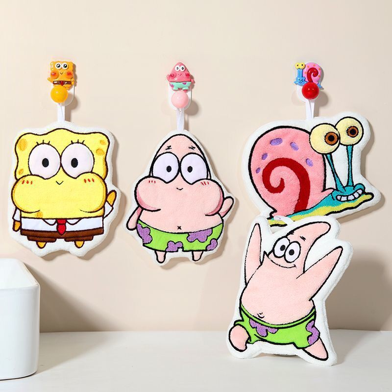 Cartoon Cute Spongebob Hand Towel, Hangable Absorbent Coral Fleece Kitchen and Bathroom Souvenir Hand Towel
