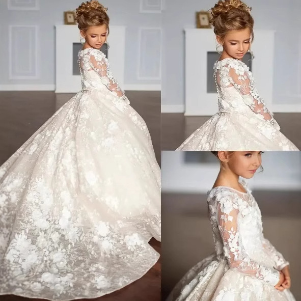 Children's Wedding Dress Aliexpress Prom Little Girl Wedding Flower Girl Dress Lace Long Sleeve Birthday Party Princess Dress