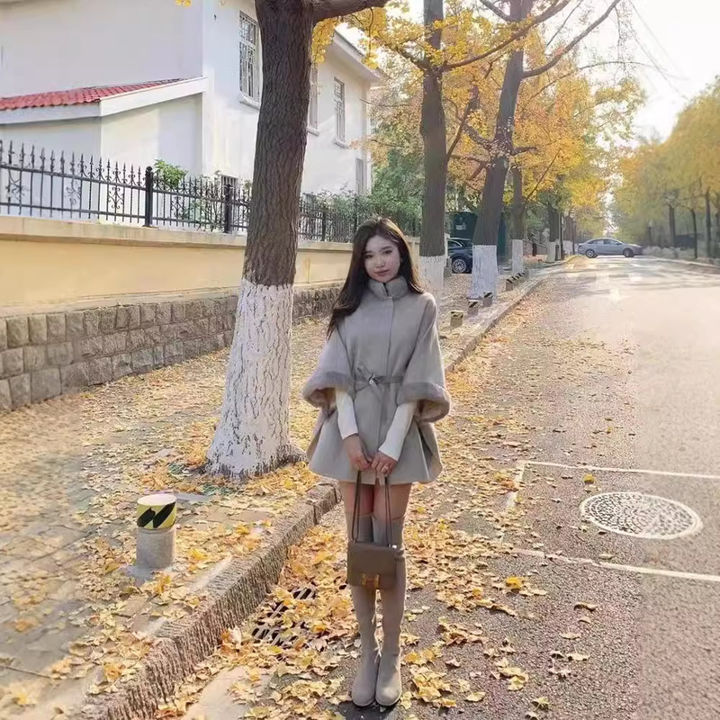 Fashionable Young Elegant LP Cloak Double Cashmere Batwing Sleeve Mink Fur Collar Leather Belt Mid-length Coat