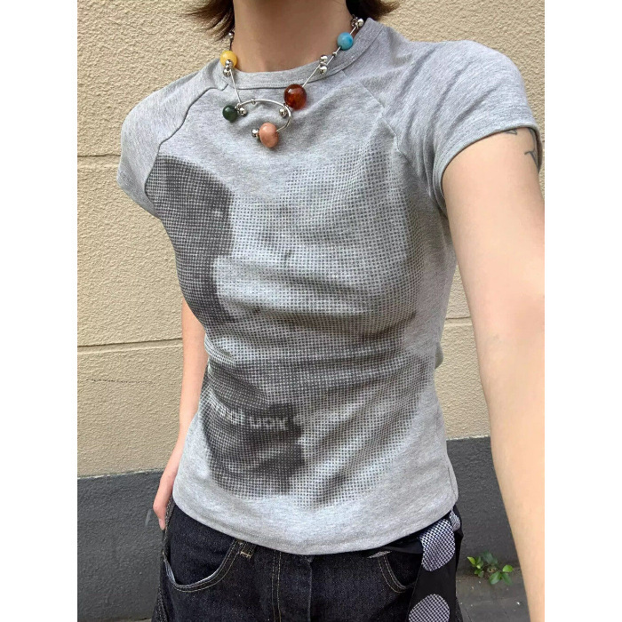 【210g 40番手純綿】クマプリント スリムフィット 半袖Tシャツ レディース 夏新作 ショートアメリカントップス トレンド|undefined