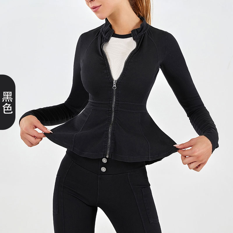 Primavera y verano nuevo Denim yoga cremallera motocicleta cuello alto adelgazamiento francés cintura deportes ropa de entrenamiento