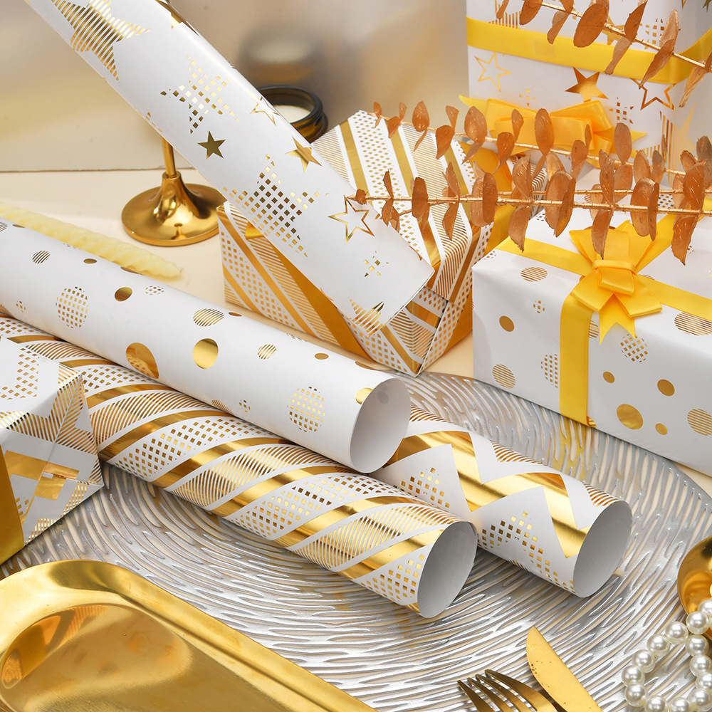 Directo de fábrica nuevo papel de embalaje dorado creativo estrella raya del punto papel de regalo de vacaciones
