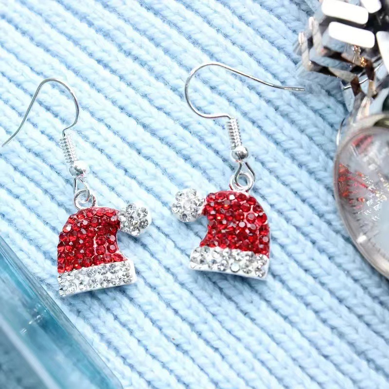 Hot sale cute small fresh earrings with diamonds for autumn and winter Christmas hat earrings and ear hooks, direct sales spot_voghion.com