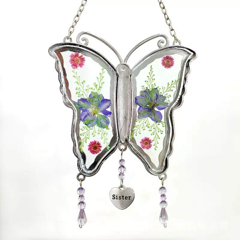 新款电镀合金植物干花蝴蝶吊饰母亲节礼品亚马逊跨境批发专供