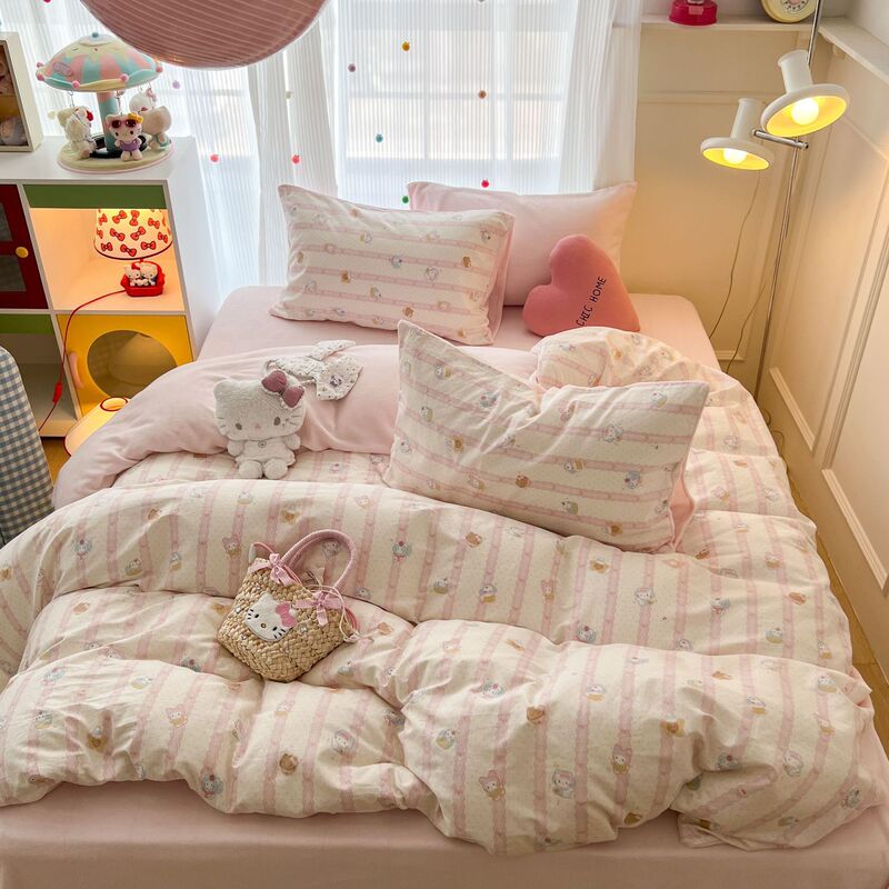 Pure Cotton Plus Milk Velvet Four-Piece Set a Side Pure Cotton B Side Milk Velvet Thickeneded Autumn and Winter Student Bedding Three-Piece Set Wholesale